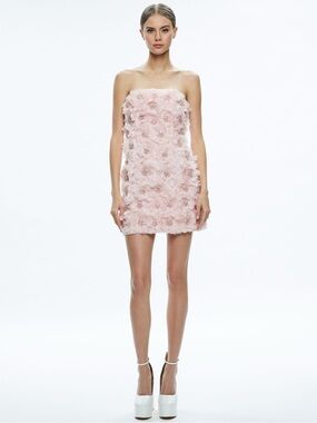 NWT Alice + Olivia Strapless Velia Blush Pink 3D Floral Mini Dress, Size 0